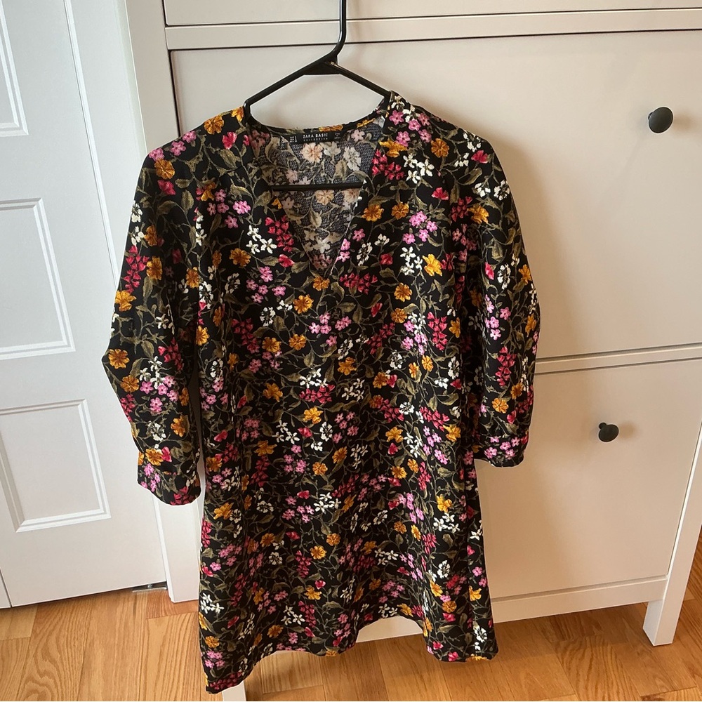 Zara Black Floral Dress with Pink and Yellow Accents